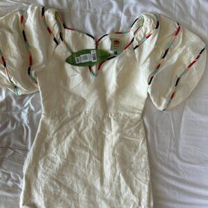 FARM RIO White Stripe Short Puff Sleeve Linen Mini Dress Sz M